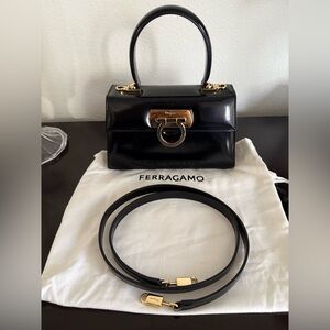 Ferragamo Iconic Top Handle in shiny black leather